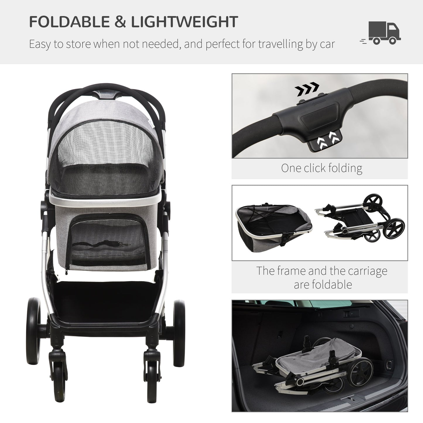 PawHut 3 in 1 One-Click Foldable Pet Stroller