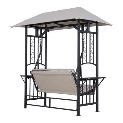 Outdoor Garden 2 Seater Canopy Swing Chair Seat Porch Loveseat Vintage Hammock Cushioned Seat w/ and Side Drink Panel