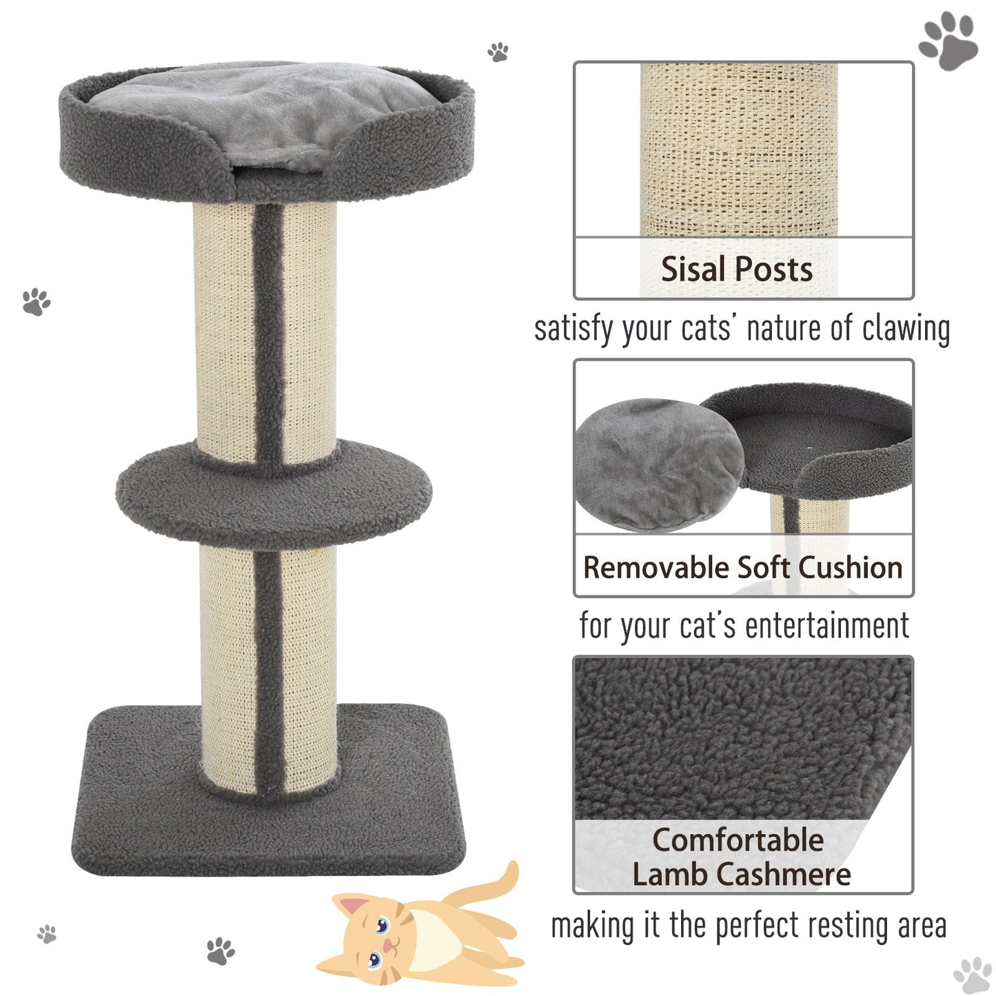 PawHut Cats 2-Tier Scratching Tree w/ Bed Grey