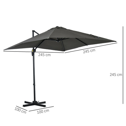 2.5 x 2.5m Patio Offset Parasol Umbrella Cantilever Hanging Aluminium Sun Shade Canopy Shelter 360° Rotation with Crank Handle and Cross Base