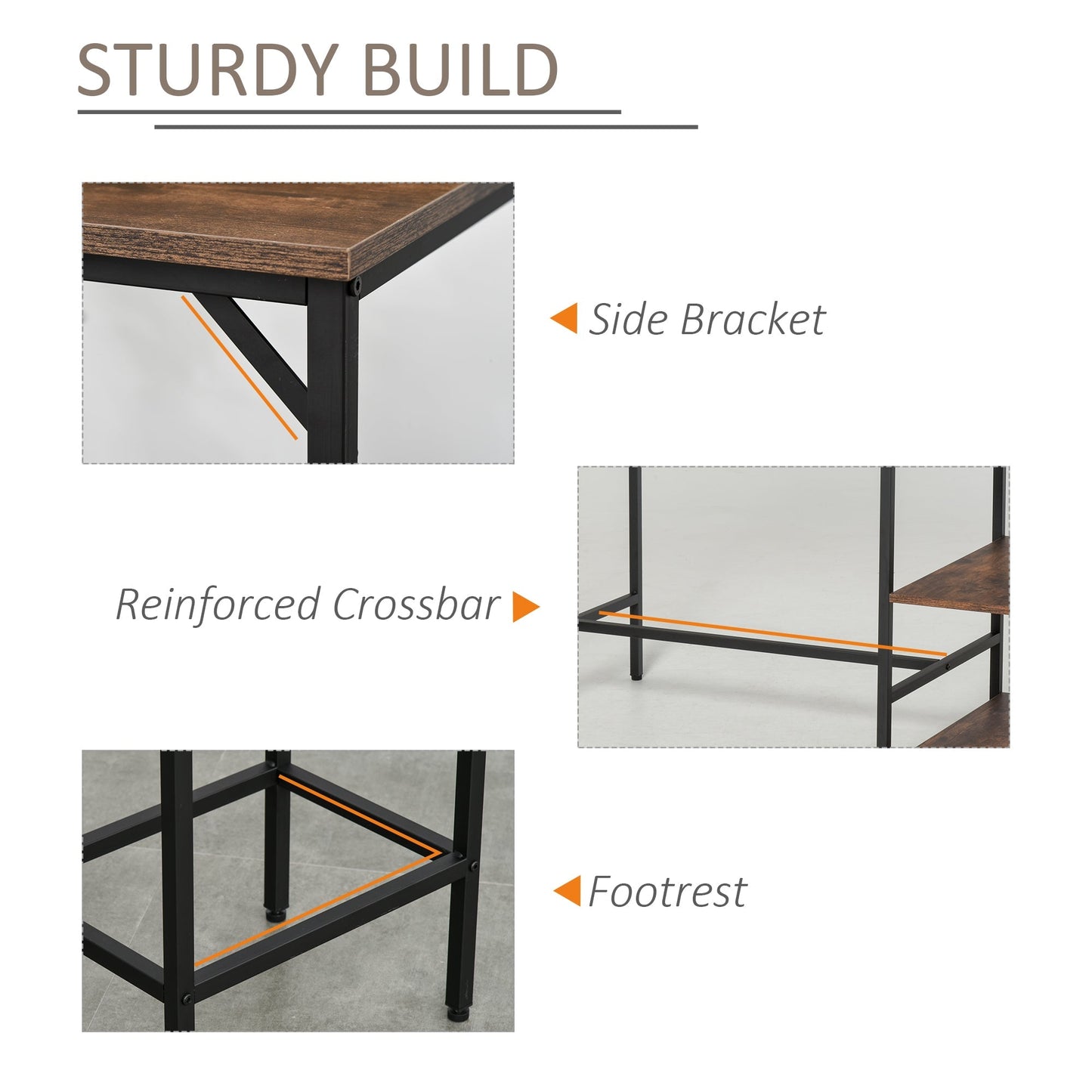 Dining Table Set Industrial Bar Height With 2 Stools & Side Shelf