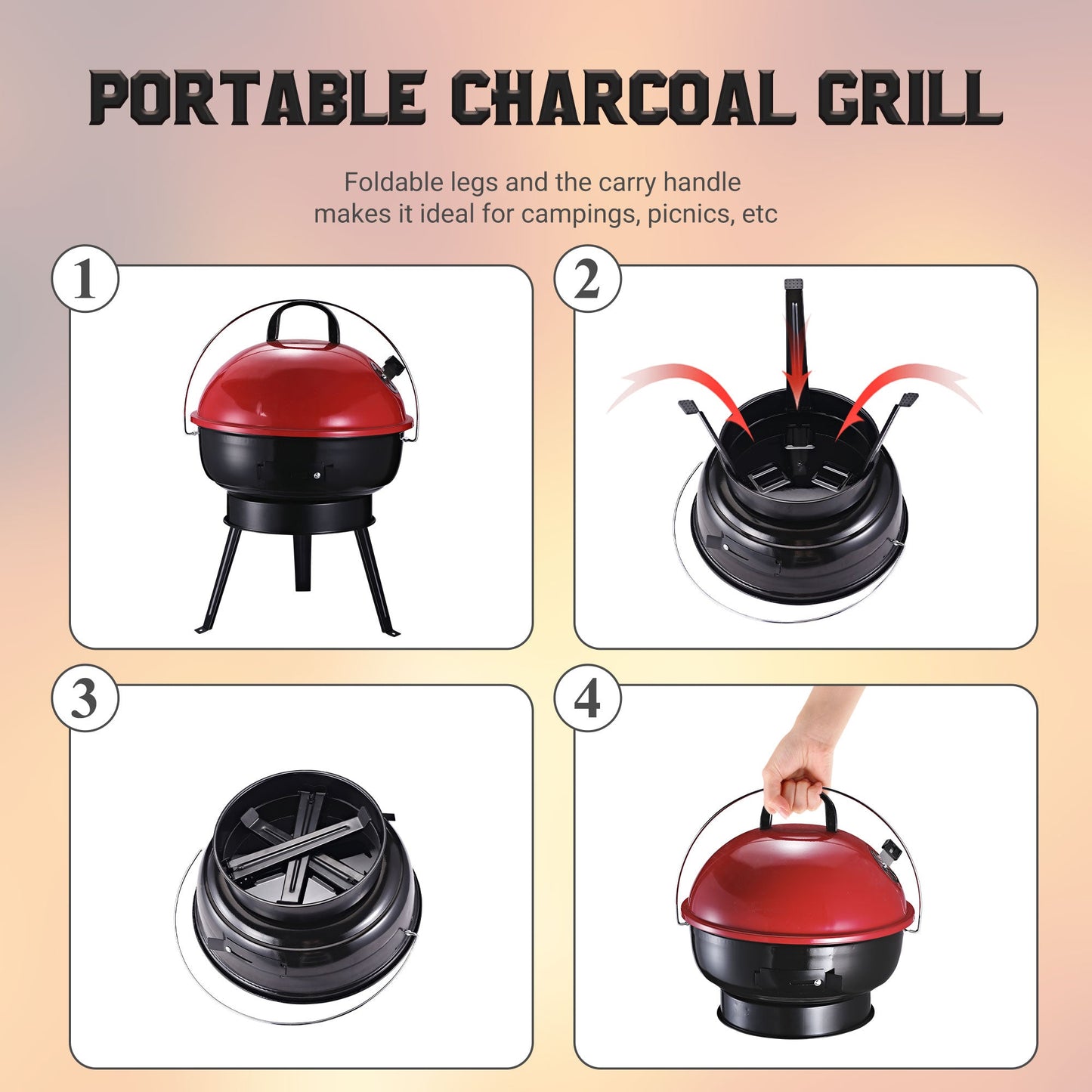 Metal Portable Tripod Charcoal Bbq Grill Black Red