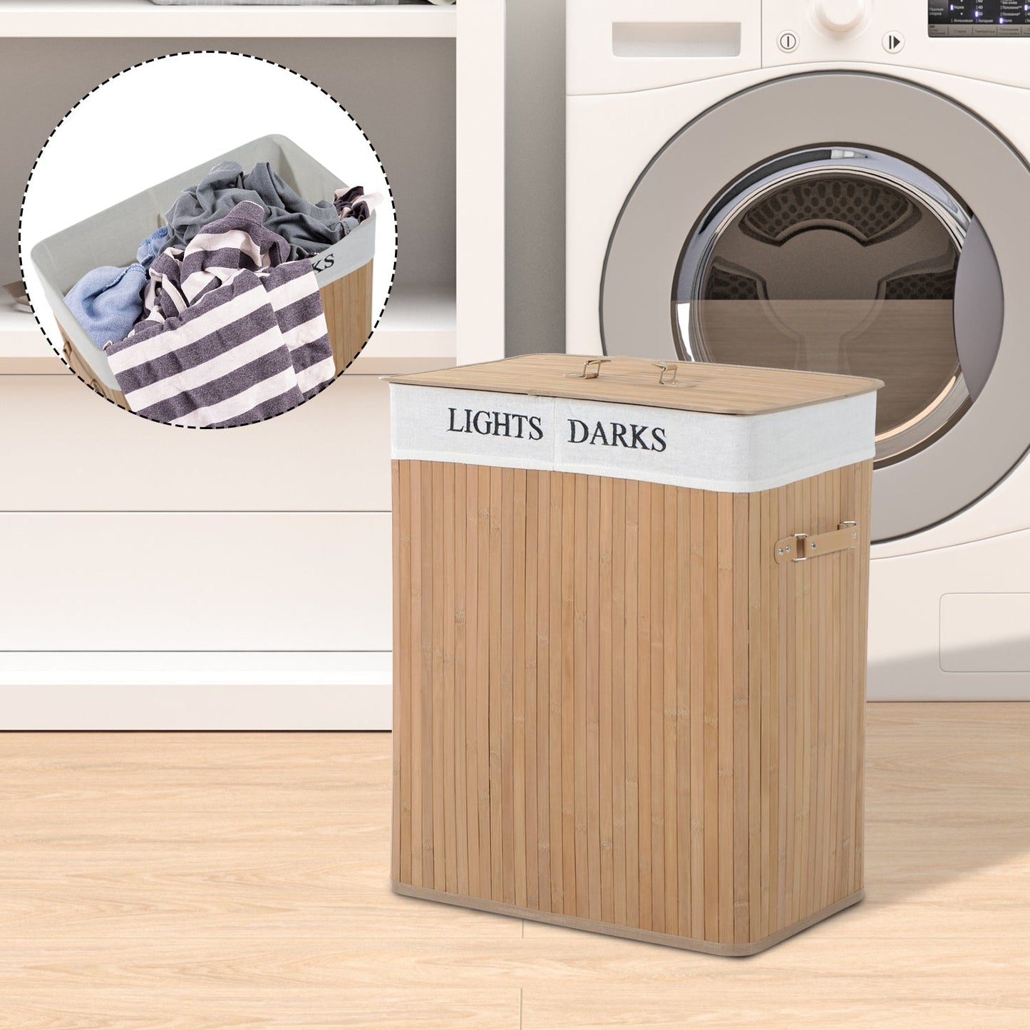 Two-Compartment Wooden Laundry Basket