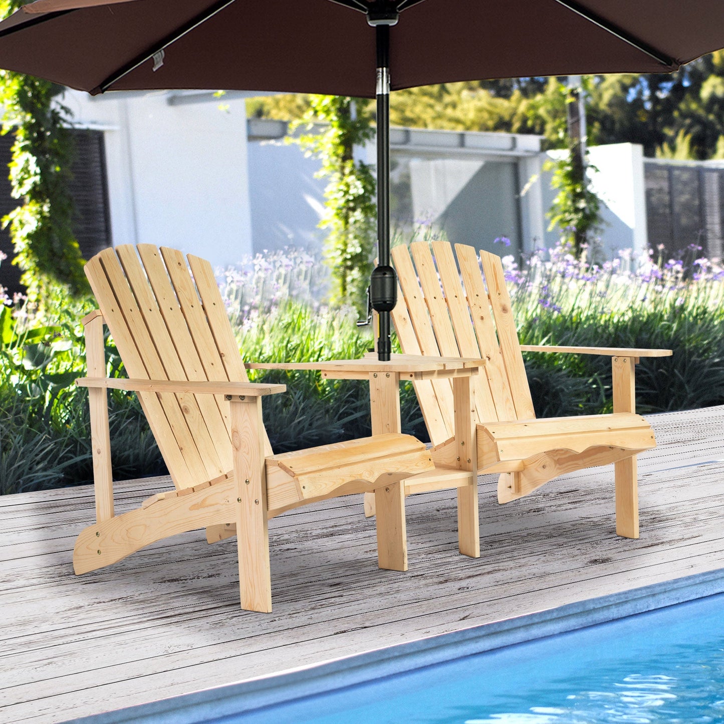 Wooden Outdoor Double Adirondack Chairs Loveseat w/ Center Table and Umbrella Hole