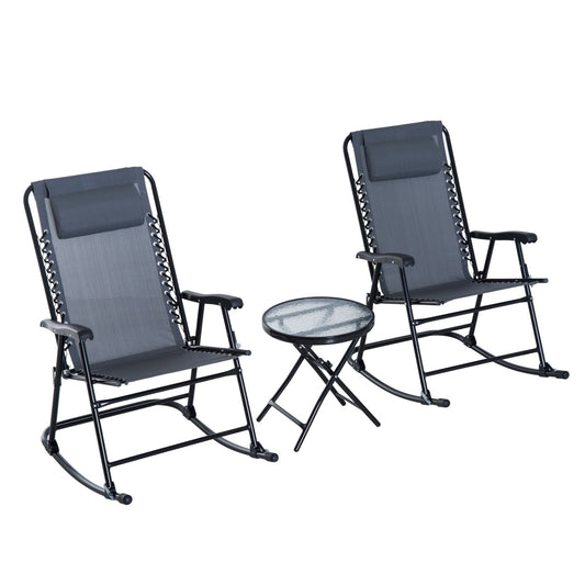 3-Piece Outdoor Rocking Set with 2 Folding Chairs and 1 Tempered Glass Table