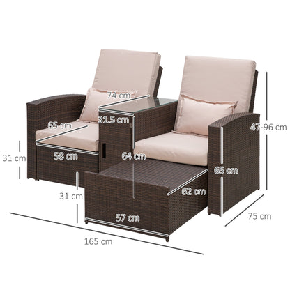 2 Seater Rattan Sofa Lounger Set-Brown