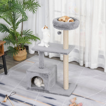 PawHut 96cm Cat Tree for Indoor Cats Condo Sisal Scratching Post Cat Tower Kitten Play House Dangling Ball Activity Center Furniture Grey