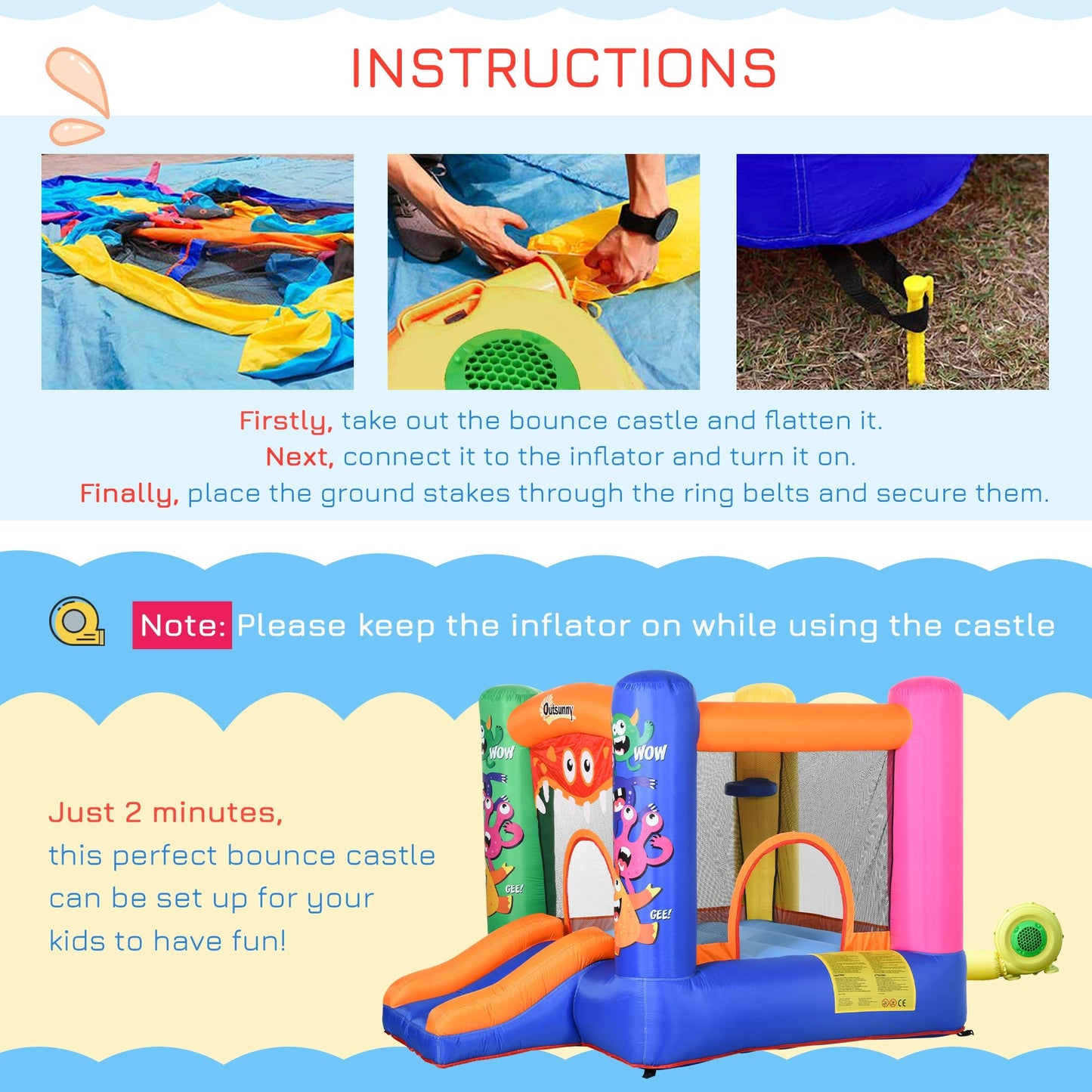 Bouncy Castle Inflatable Basket Trampoline Slide Monster Design 180 x 250 x 175 CM