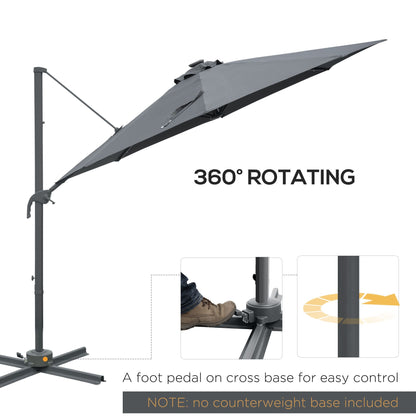 3M Cantilever Roma Parasol Patio Sun Umbrella with Crank & Tilt LED Solar Light Cross Base 360° Rotating Outdoor