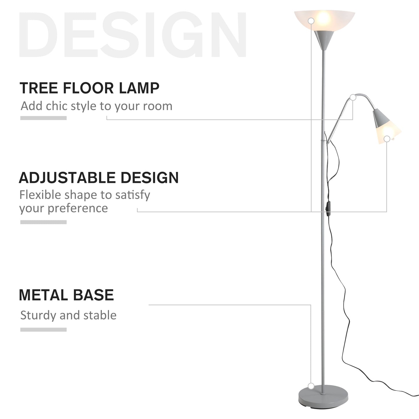 Modern Floor Reading Lamp 2 Adjustable Heads Light Steel Base Living Room Bedroom Office