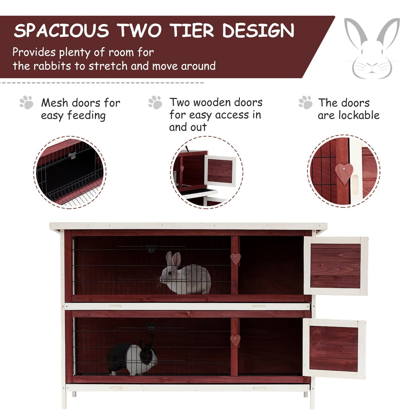 PawHut Two-Tier Double Decker Wooden Rabbit Hutch Pet Cage 136.4Lx50Wx93H cm-Brown/White