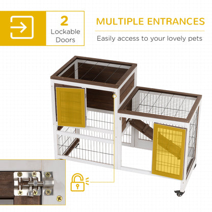 PawHut Wooden Indoor Rabbit Hutch Guinea Pig House Bunny Small Animal Cage W/ Wheels Enclosed Run 110 x 50 x 86 cm