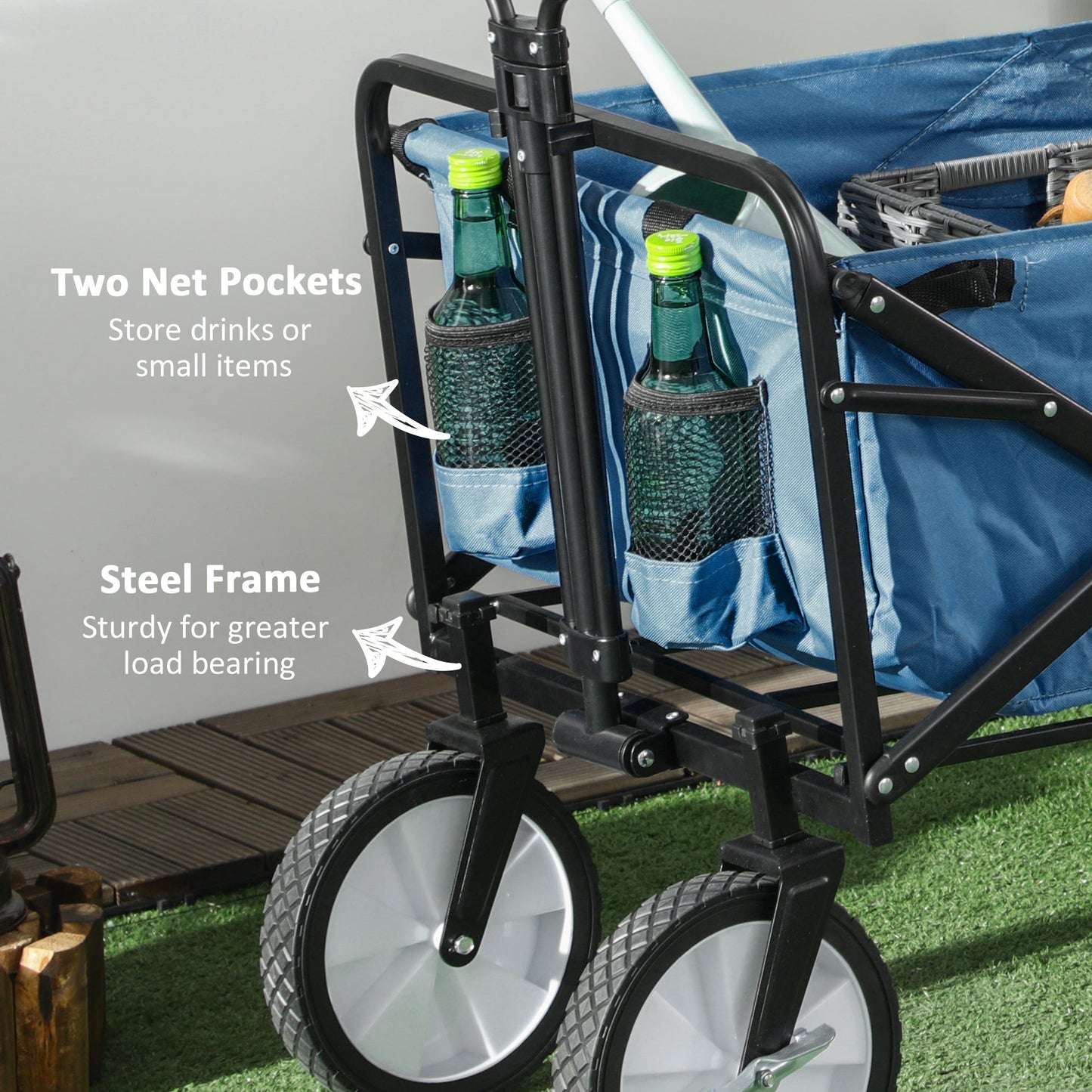 Pull Along Cart Folding Cargo Wagon Trailer Trolley for Beach Garden Use with Telescopic Handle - Navy Blue