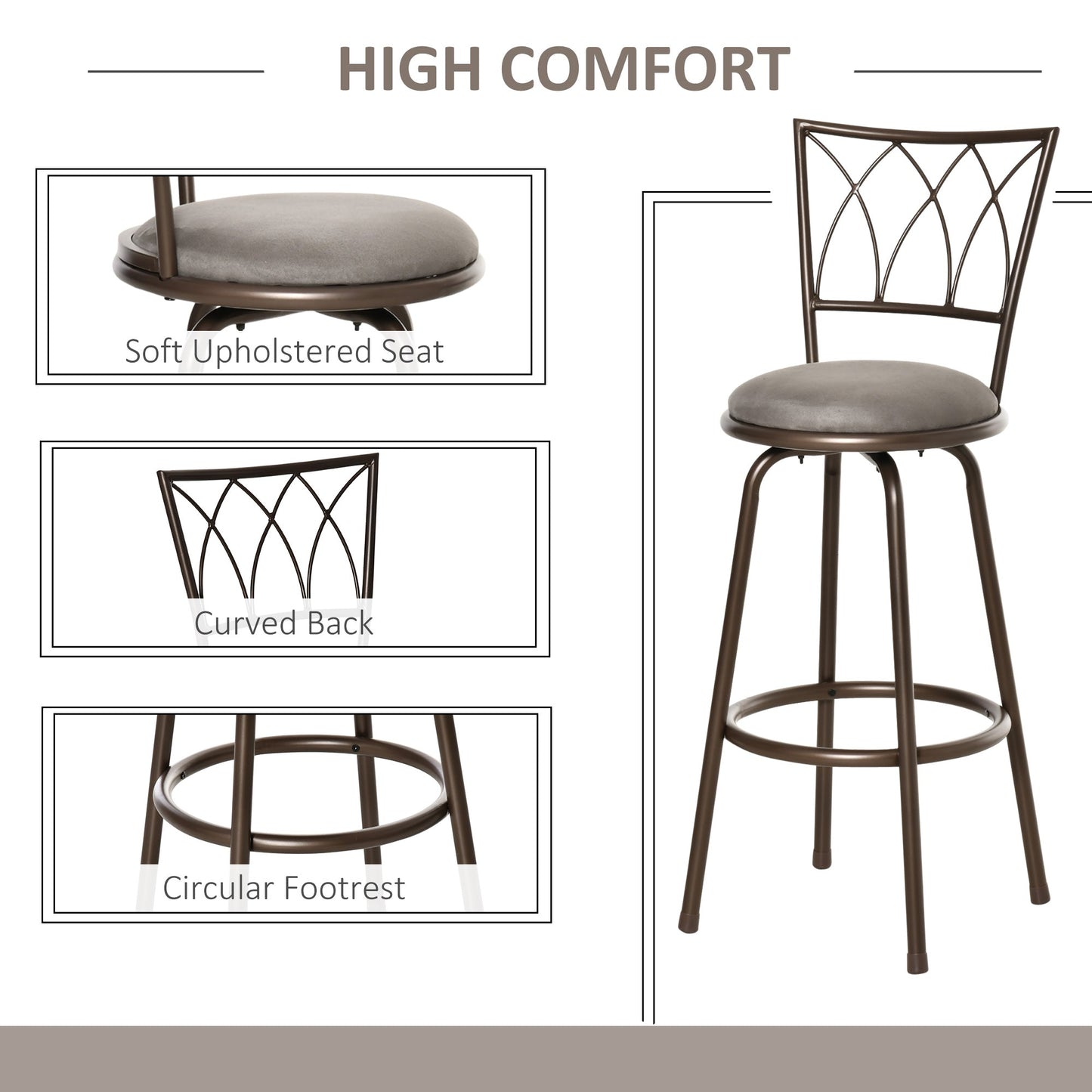 Set of 2 Bar Chairs Swivel Armless Upholstered Metal Frame Barstools with Backrest & Footrest