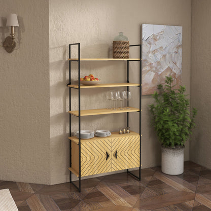 Bookcase 4-Tier Storage Shelf With Double Door Cabinet And Metal Frame For Living Room Bedroom Oak Tone