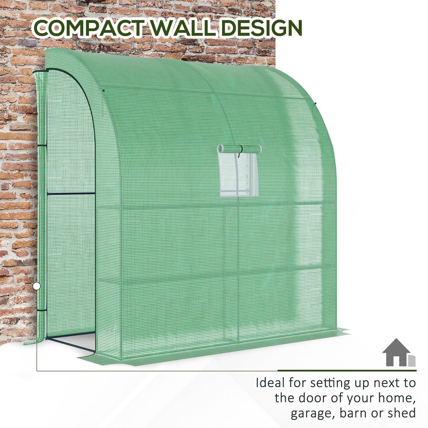 Walk-In Lean to Wall Greenhouse with Windows and Doors 2 Tiers 4 Wired Shelves 200L x 100W x 215H cm Green