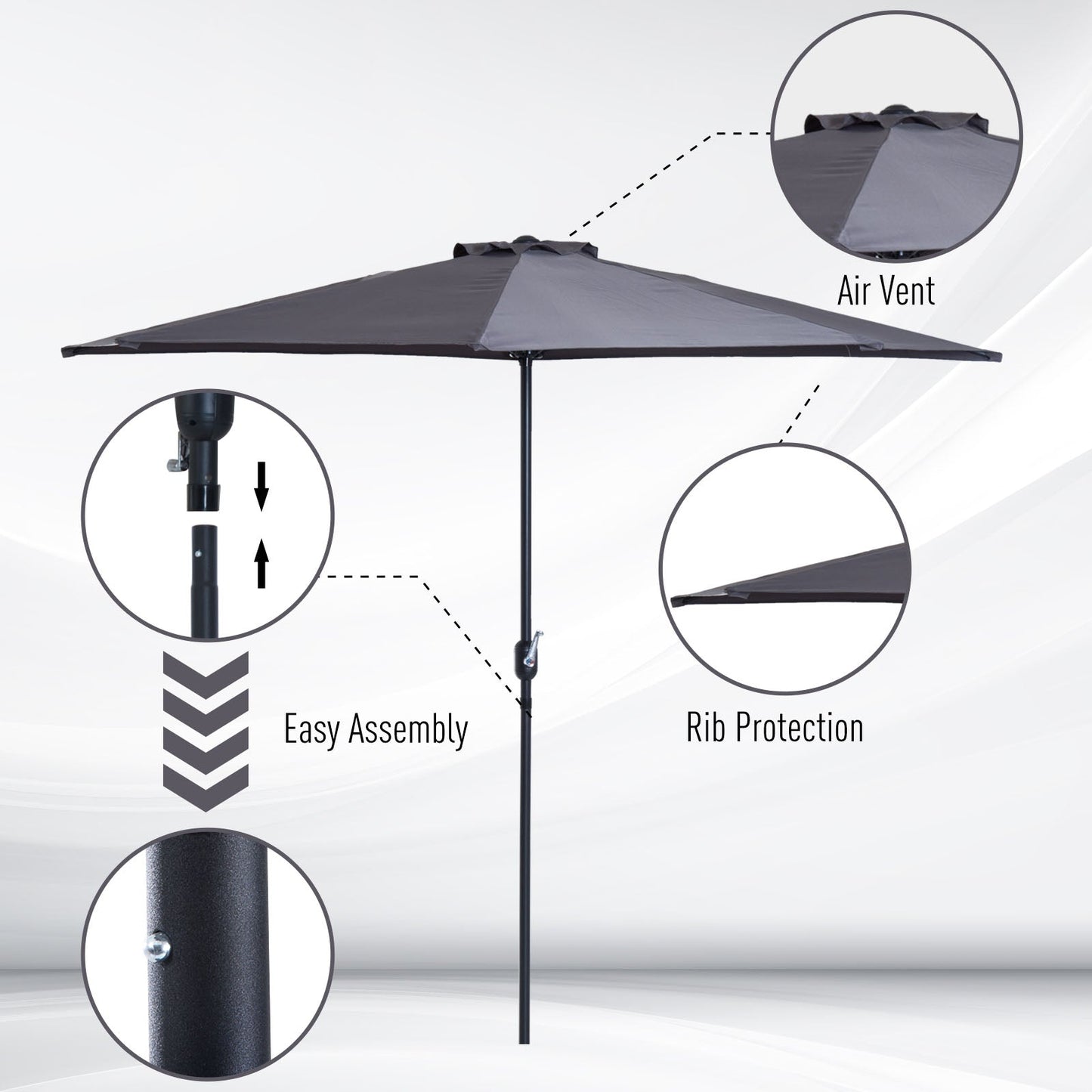 Outsunny 3 m Half Round Umbrella Parasol-Grey