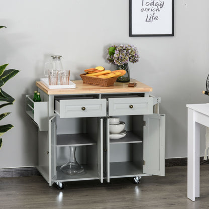 Rolling Kitchen Island Storage Trolley with Rubber Wood Top & Drawers for Dining Room