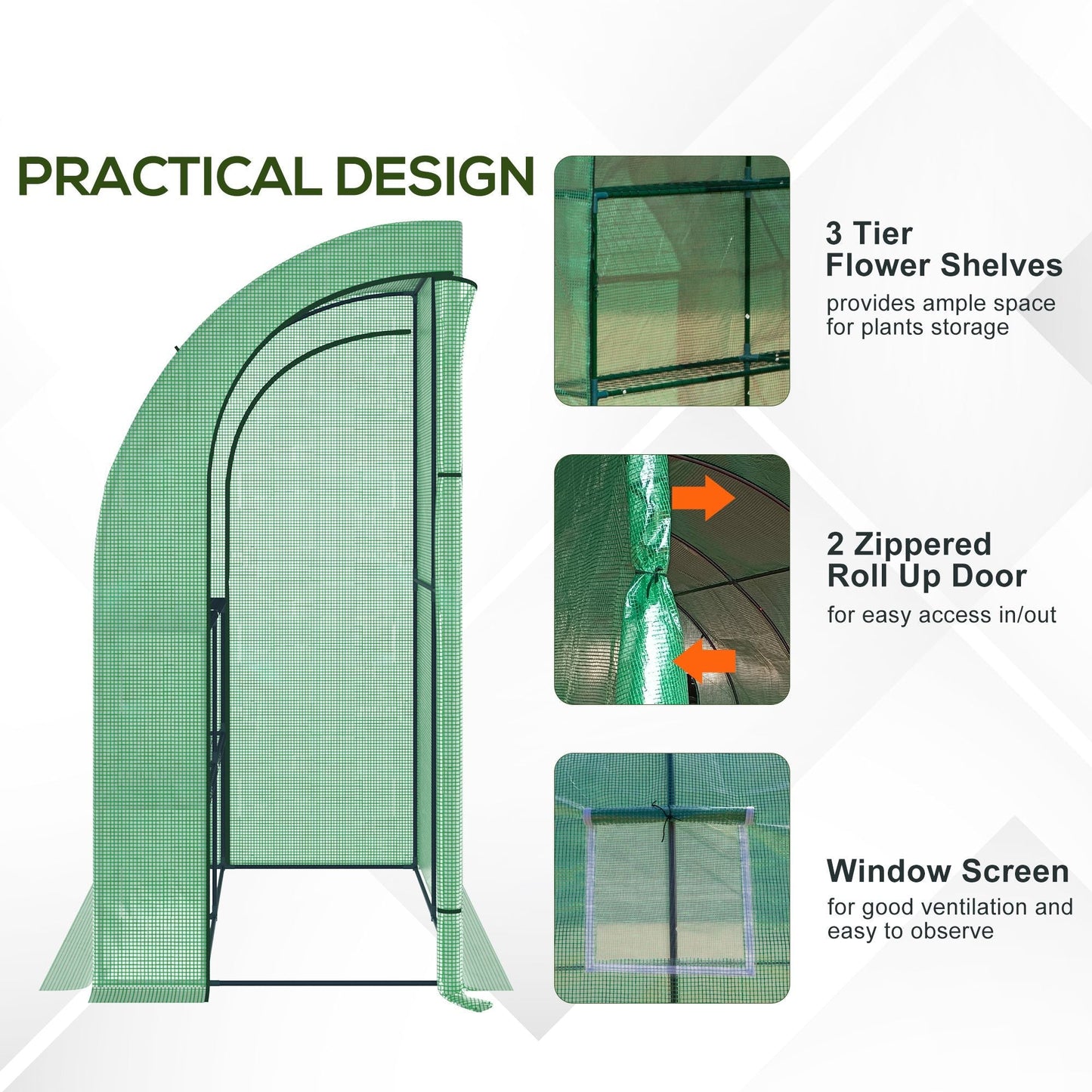 Walk-In Lean to Wall Greenhouse with Windows and Doors 2 Tiers 4 Wired Shelves 200L x 100W x 215H cm Green