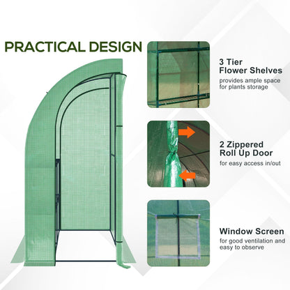 Walk-In Lean to Wall Greenhouse with Windows and Doors 2 Tiers 4 Wired Shelves 200L x 100W x 215H cm Green