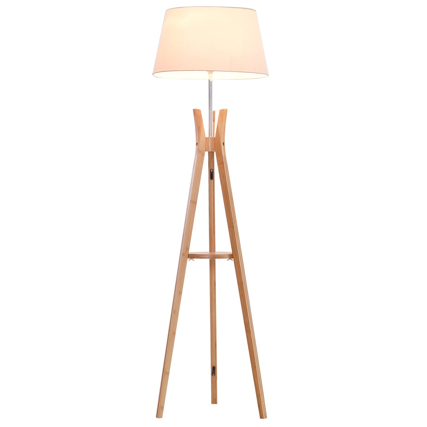 Homcom Natural Wooden Tripod Floor Lamp Light E27 Base Bedroom Living Room Fabric Shade Storage Shelf Foot Switch