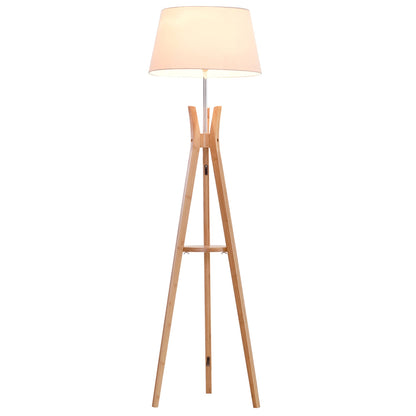 Homcom Natural Wooden Tripod Floor Lamp Light E27 Base Bedroom Living Room Fabric Shade Storage Shelf Foot Switch