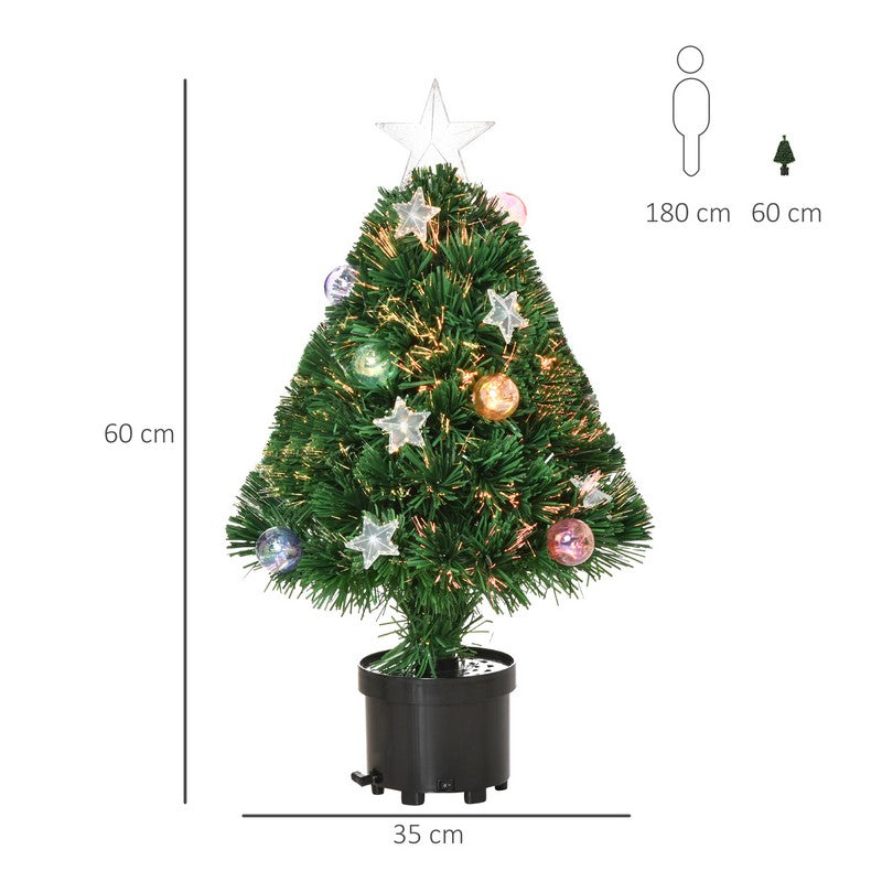 Homcom 2 Foot Pre-Lit Artificial Christmas Tree Tabletop Multicoloured Fibre Optic Xmas Decoration with LED Lights Green