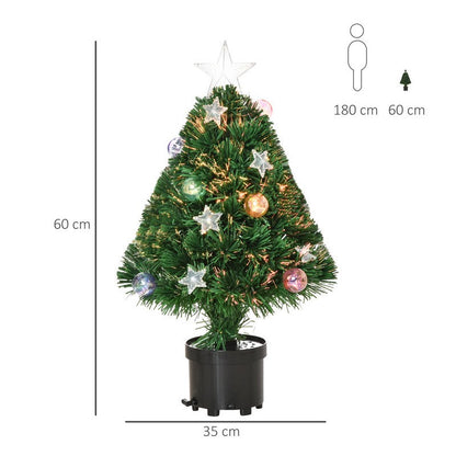 Homcom 2 Foot Pre-Lit Artificial Christmas Tree Tabletop Multicoloured Fibre Optic Xmas Decoration with LED Lights Green