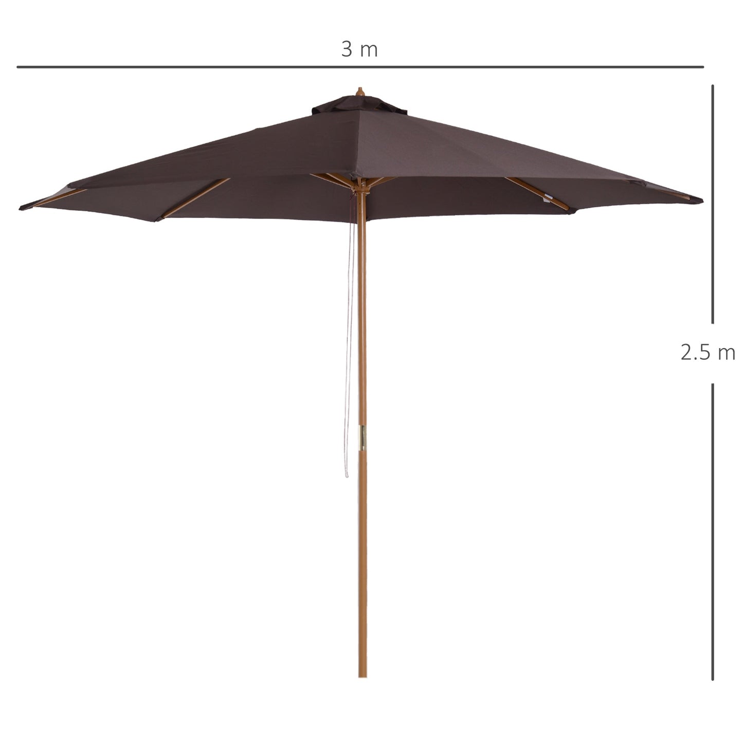 Outsunny 3(M) Fir Wooden Parasol Garden Umbrellas 8 Ribs Bamboo Sun Shade Patio Outdoor Umbrella Canopy Coffee