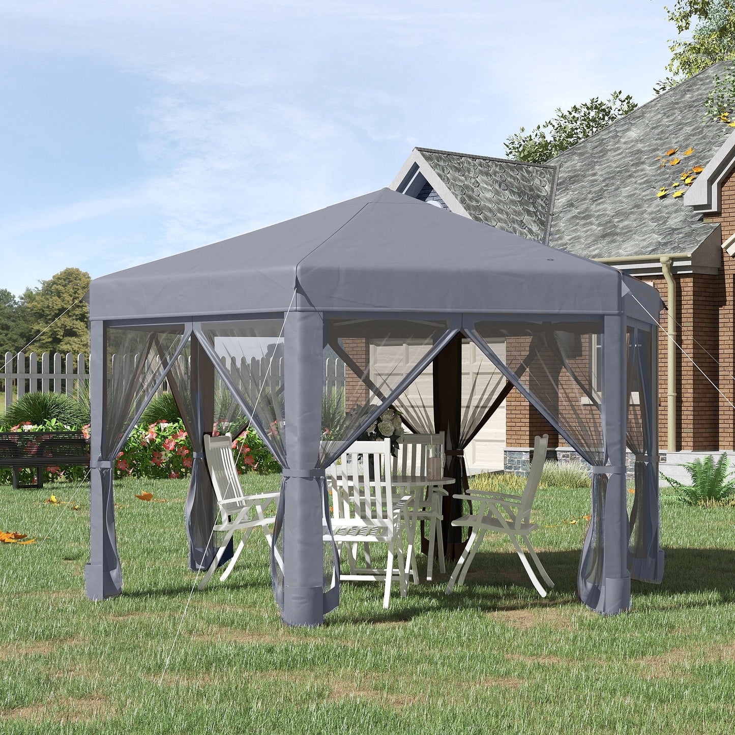 Outsunny 3.2 x 3.2M Pop Up Gazebo Hexagonal Canopy Tent Outdoor Sun Protection With Mesh Sidewalls Handy Bag Grey