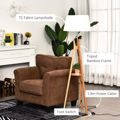 Homcom Natural Wooden Tripod Floor Lamp Light E27 Base Bedroom Living Room Fabric Shade Storage Shelf Foot Switch