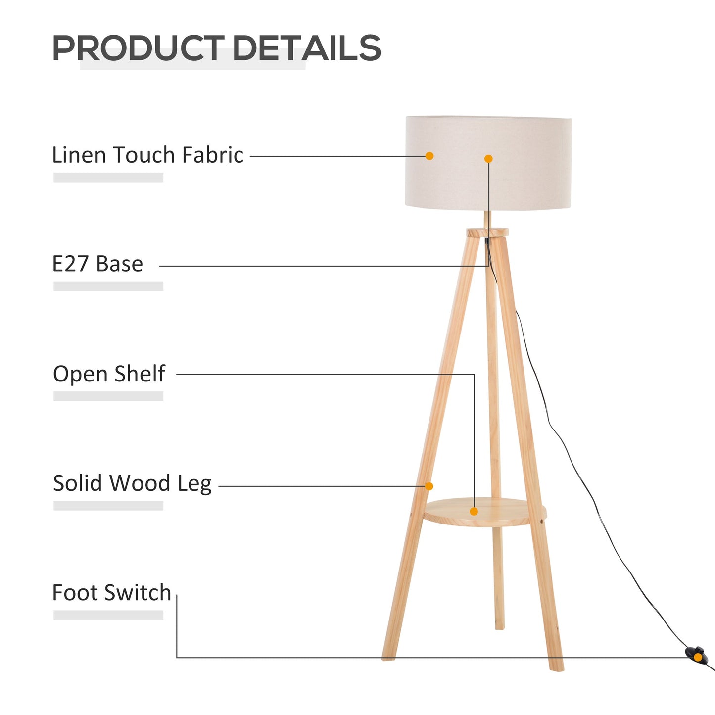 Homcom Free Standing Tripod Floor Lamp Bedside Light Reading Light With Storage Shelf Linen Shade For Living Room Bedroom