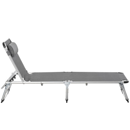 Foldable Reclining Sun Lounger Lounge Chair Camping Bed Cot with Pillow 5-Level Adjustable Back Aluminium Frame Grey