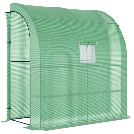 Walk-In Lean to Wall Greenhouse with Windows and Doors 2 Tiers 4 Wired Shelves 200L x 100W x 215H cm Green