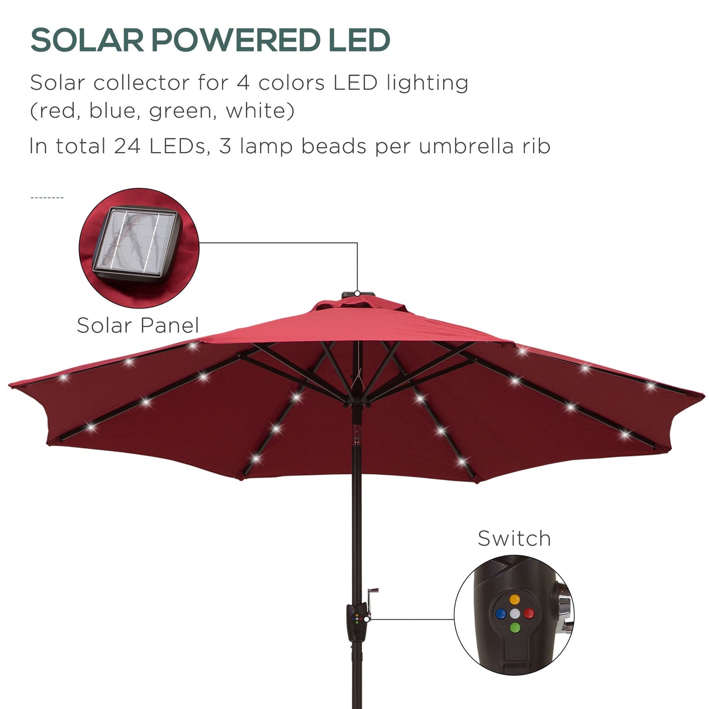 Outsunny Umbrella Parasol 24 Solar Led-Wine Red