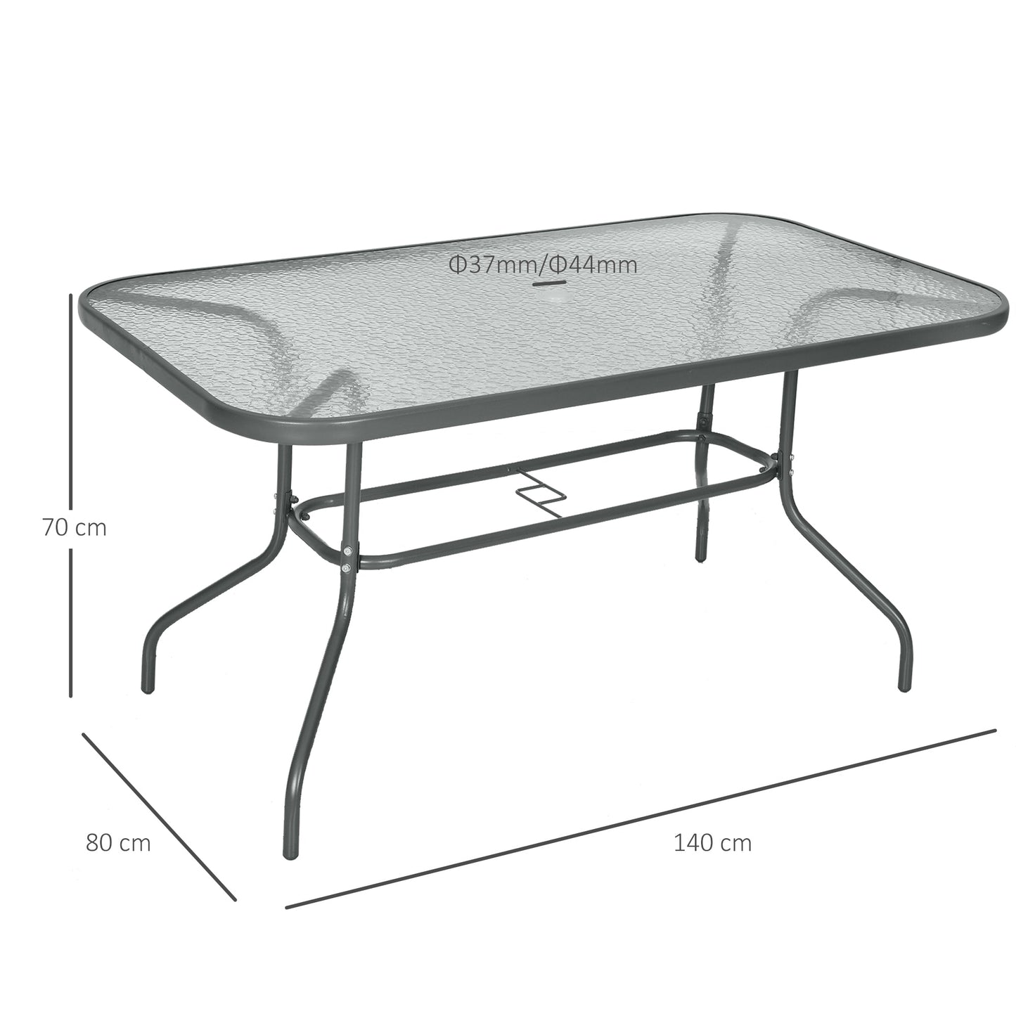 Aquatex Glass Garden Table Curved Metal Frame Parasol Hole 4 Legs Outdoor Grey