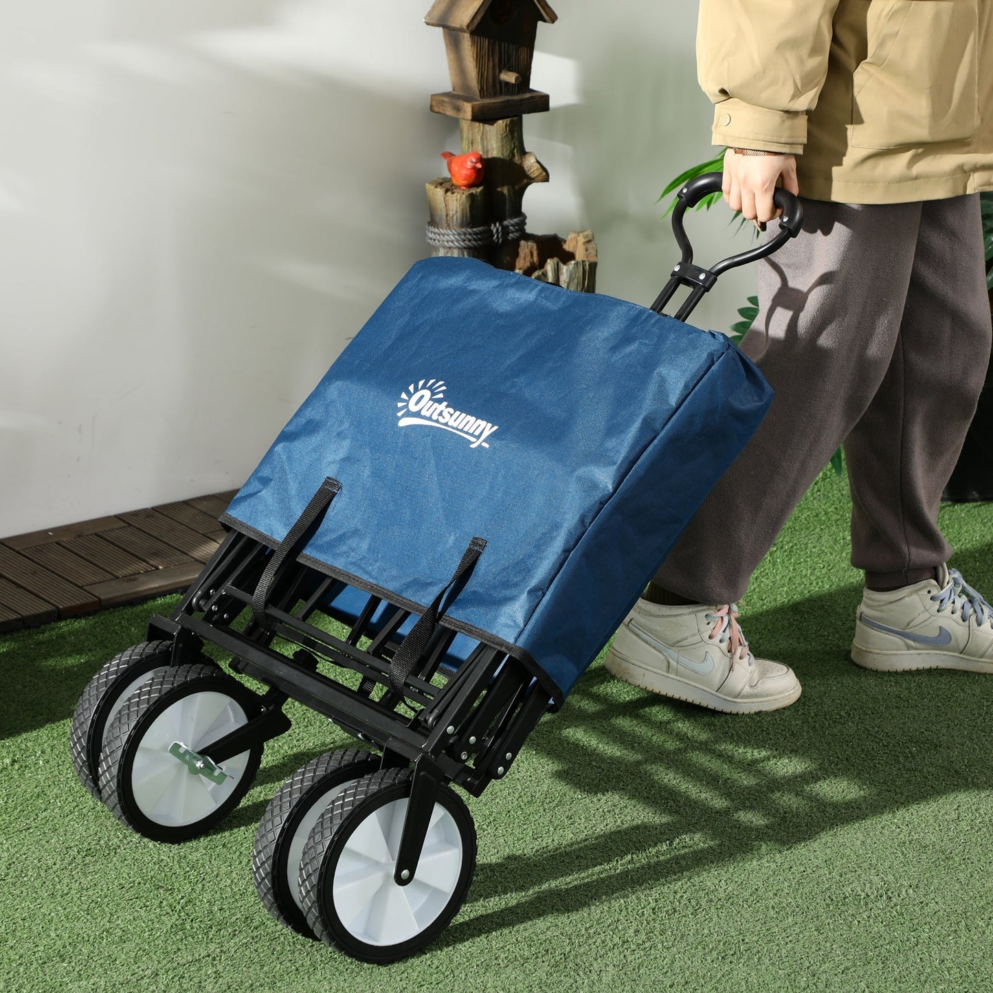 Pull Along Cart Folding Cargo Wagon Trailer Trolley for Beach Garden Use with Telescopic Handle - Navy Blue