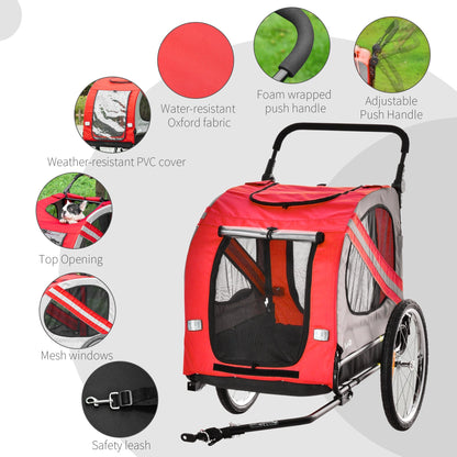 PawHut 2-In-1 Dog Bike Trailer Pet Stroller with Universal Wheel Reflector Flag Red