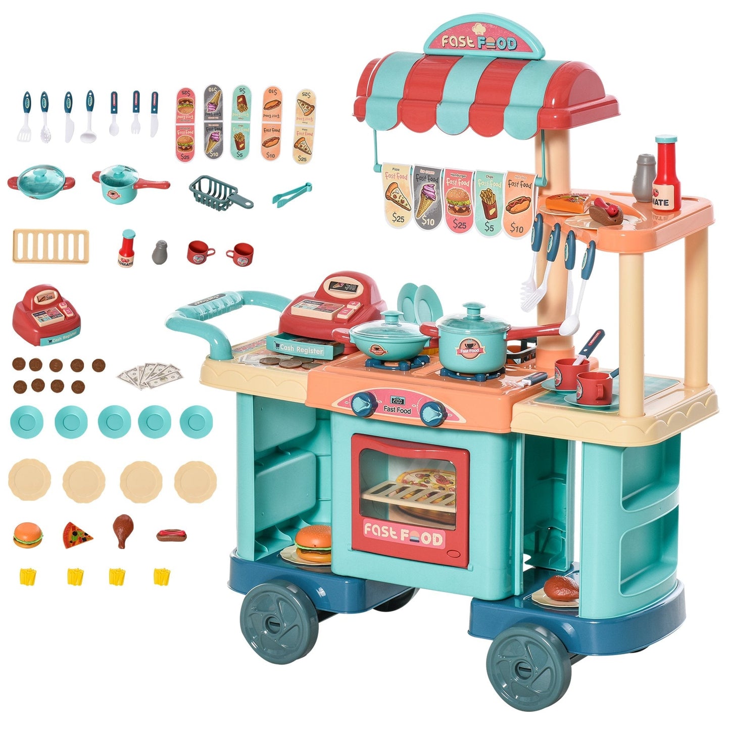 Kids Food Cart Pretend Playset Kitchen Supermarket Trolley Set w/ Accessories