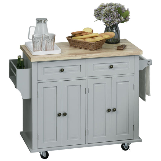 Rolling Kitchen Island Storage Trolley with Rubber Wood Top & Drawers for Dining Room