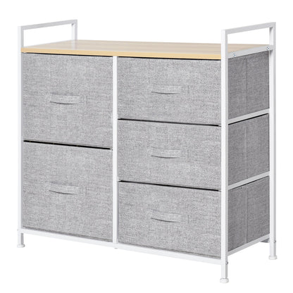 5 Drawer Linen Basket Storage Unit Home Organisation w/ Shelf Handles Metal Frame Adjustable Feet Hallway Home Dresser Grey