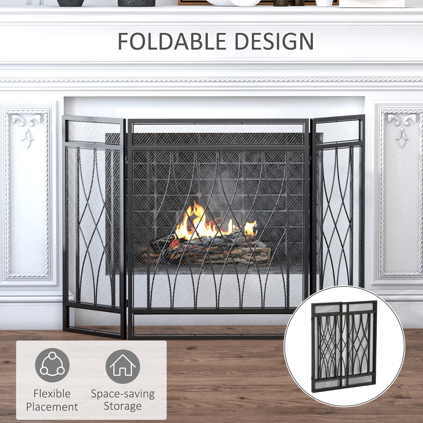 Homcom 3-Panel Folding Fireplace Screen Home Metal Mesh Fire Spark Guard 126L X 3W X 80H cm-Black