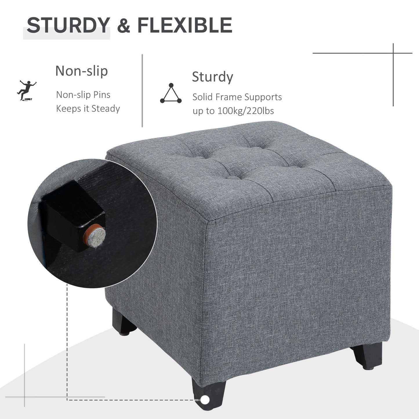 Linen-Look Square Ottoman Footstool w/ Button Tufts Wood Frame Padding Fabric Upholstered Stylish Home Furniture Footrest Side Table Grey