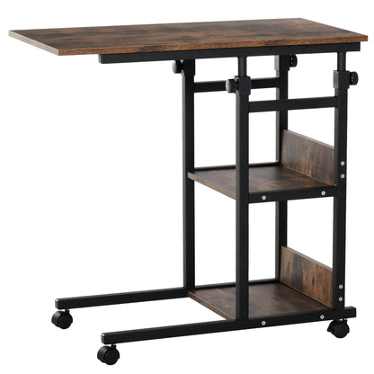 C-Shaped Side Table Industrial Mobile Rolling End Desk with 3-Tier Storage Shelving