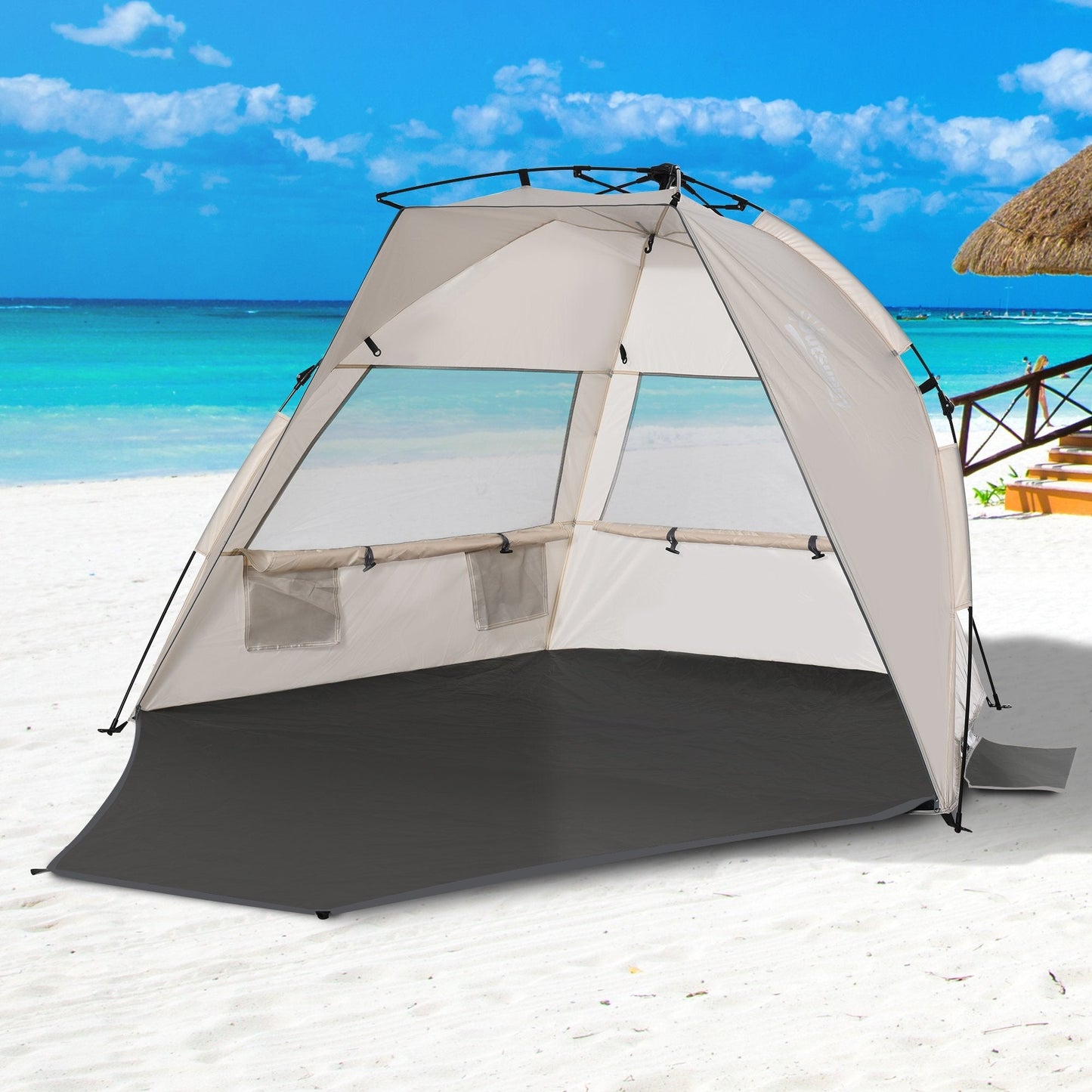 Beach Tent for 1-2 Person Pop-up Design with 3 Mesh Windows & Carrying Bag Cream