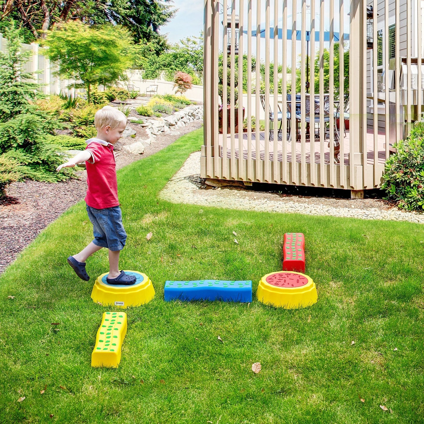 Five-Piece Kids Stepping Stones and Balance Bridge w/ Non-Slip Surface & Bottom. for Toddlers - Multicoloured