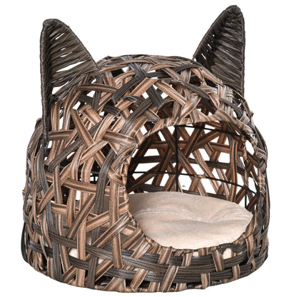 PawHut Wicker Cat Bed Rattan Kitten Basket Pet Den. House Cozy Cute-shaped Cave with Soft Cushion Brown