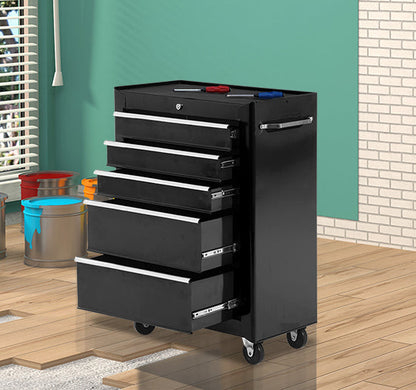 5-Drawer Lockable Steel Tool Storage Cabinet w/ Wheels Handle 2 Keys Organisation Box Unit Chest Garage DIY Workshop Trolley Black