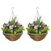 See more information about the Outsunny Pack Of 2 Artificial Lisianthus Flowers Hanging Planter With Basket For Indoor Outdoor Decoration