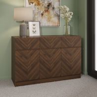 See more information about the Catania Side Table Dark Brown 3 Shelves 3 Drawers 3 Doors